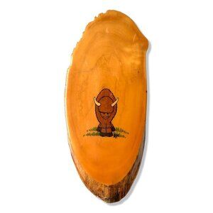 Vintage 1982 Adorable Painted American Bison on Wood Slice